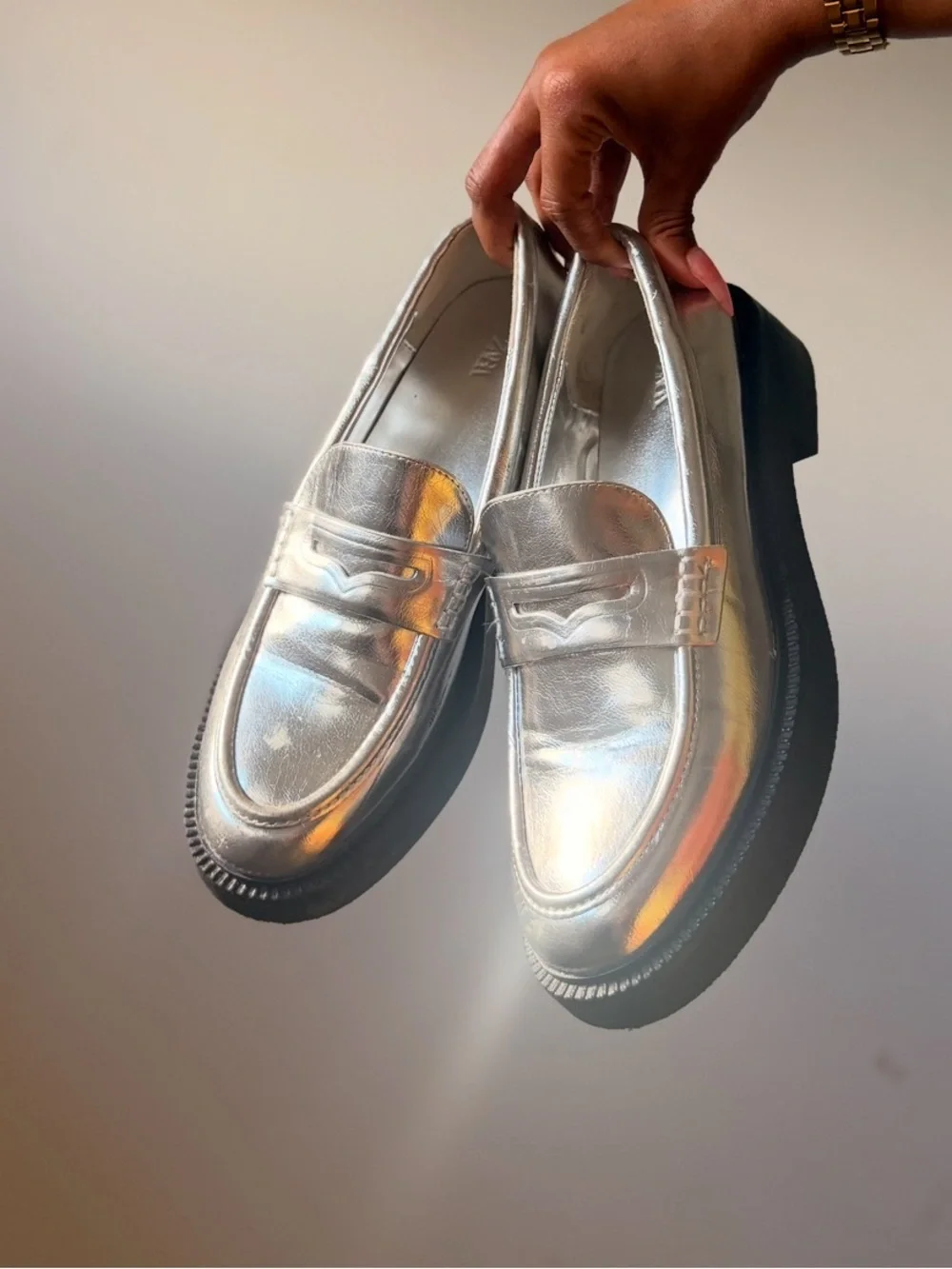 Zara Metallic Silver Penny Loafers with Black Platform